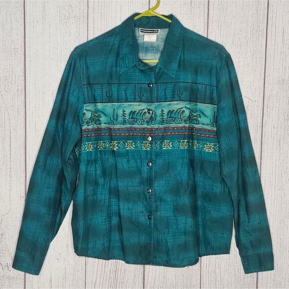 Vintage Panhandle Slim Green Wagon Horse Western Button Down, size Large - Picture 1 of 6